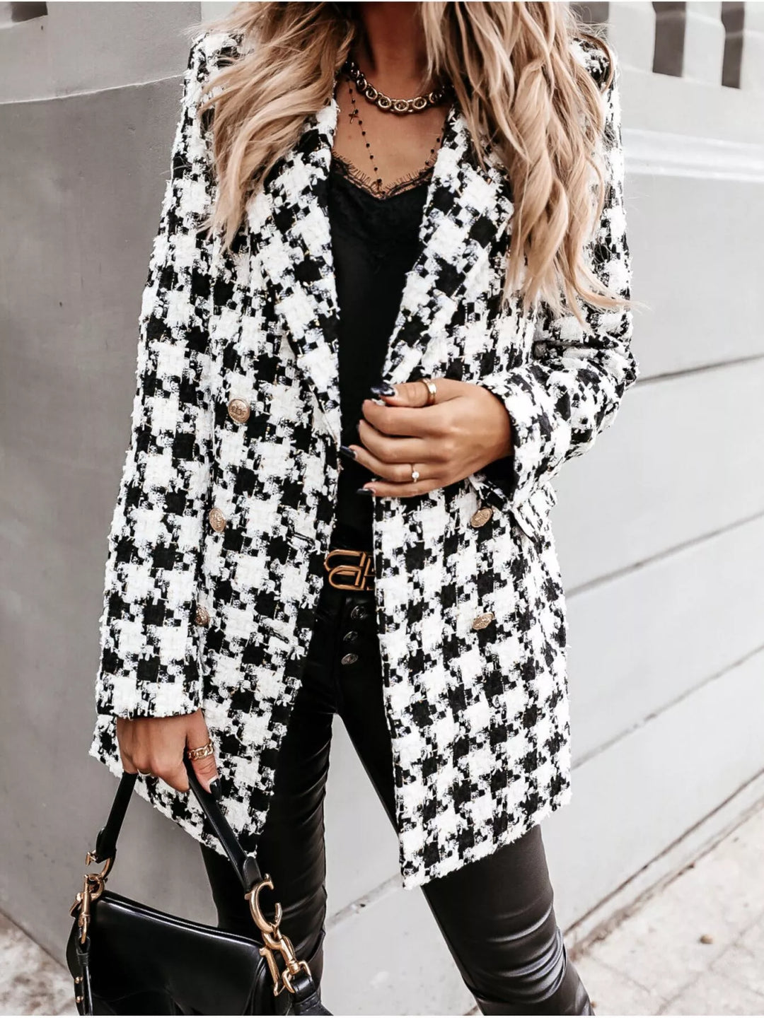 Black Houndstooth tweed double-breasted blazer coat with gold buttons