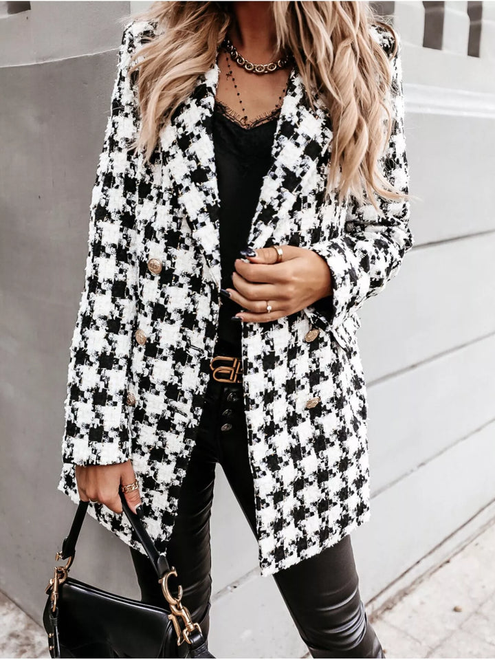 Black Houndstooth tweed double-breasted blazer coat with gold buttons