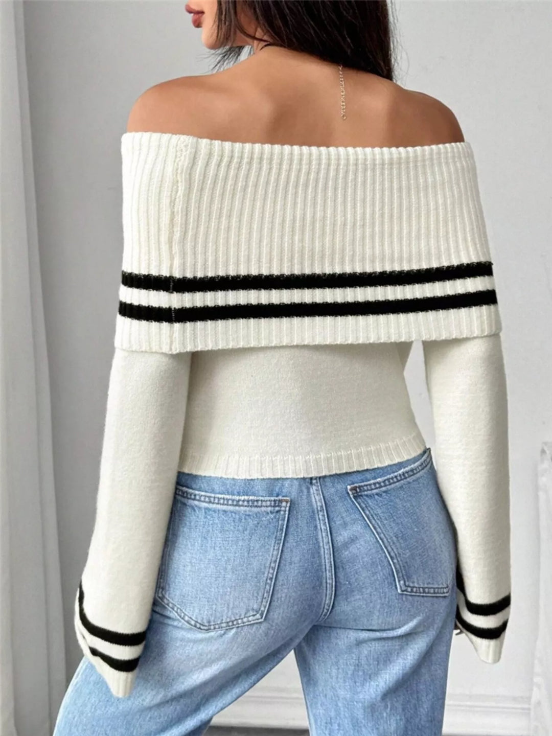 Off-shoulder striped foldover sweater with flare sleeves