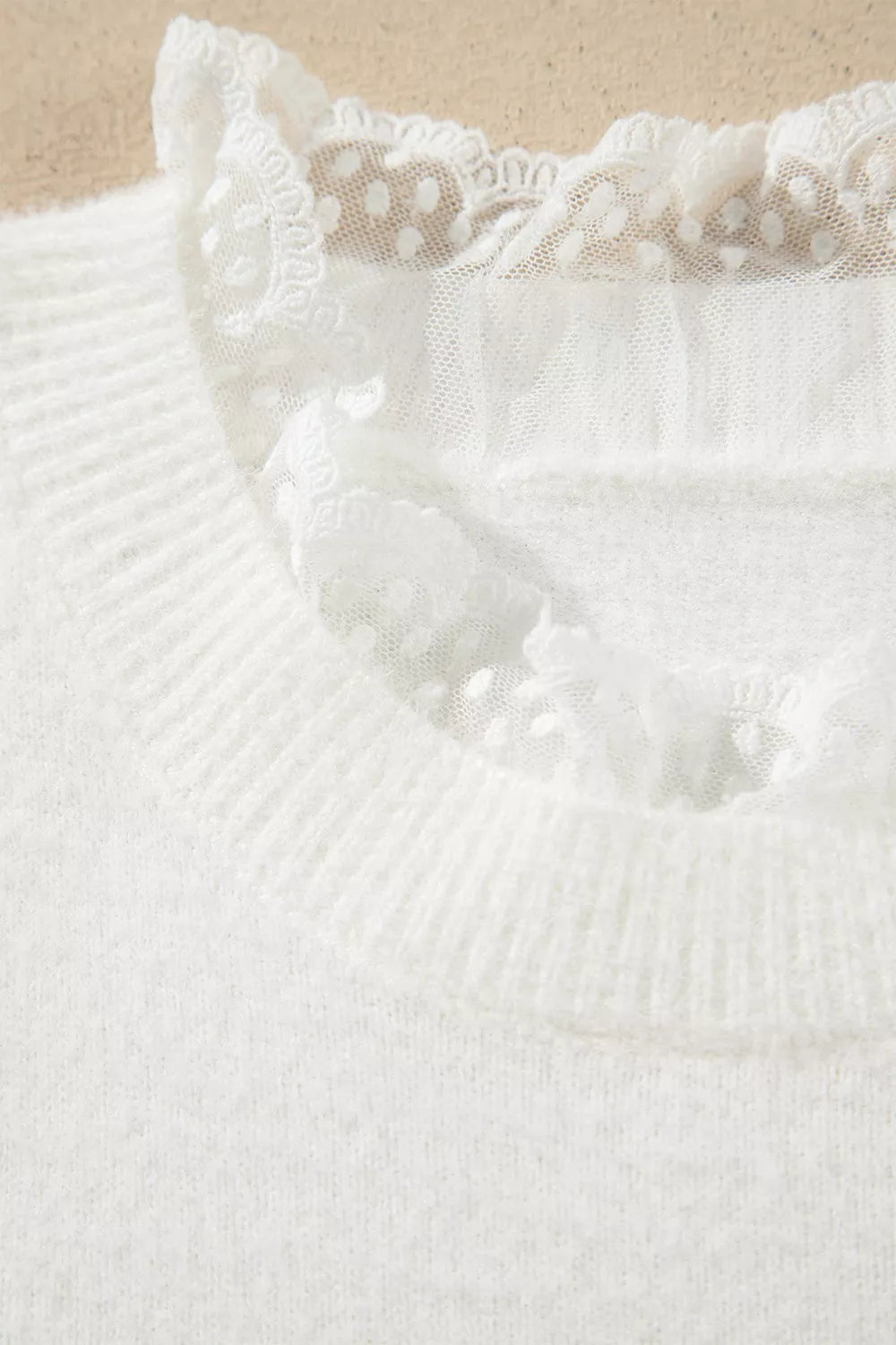 Lace trim fuzzy knit crew neck pullover sweater