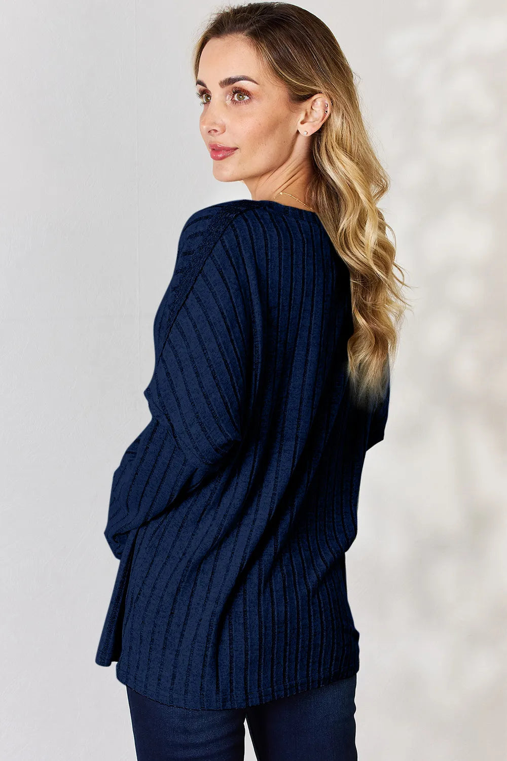Ribbed knit half-button henley long sleeve top