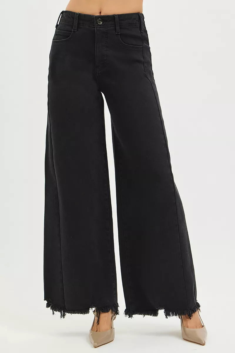 Tummy control high-rise palazzo wide-leg jeans with raw hem