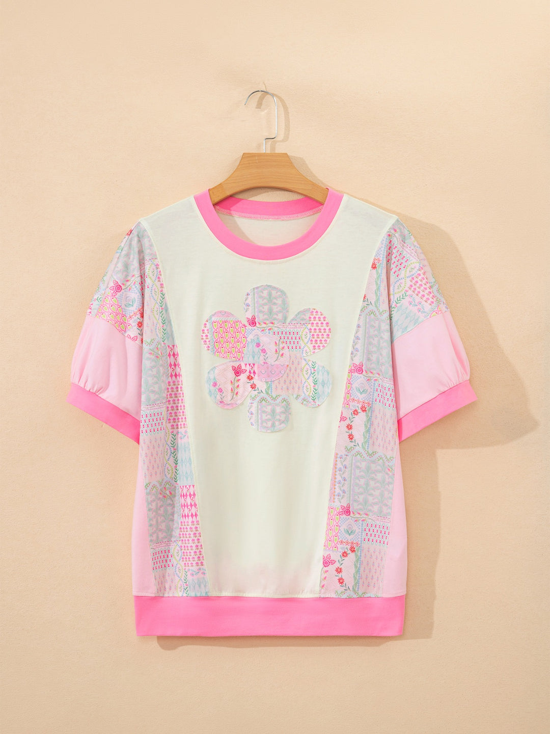 Floral patchwork crew-neck top with flower appliqué