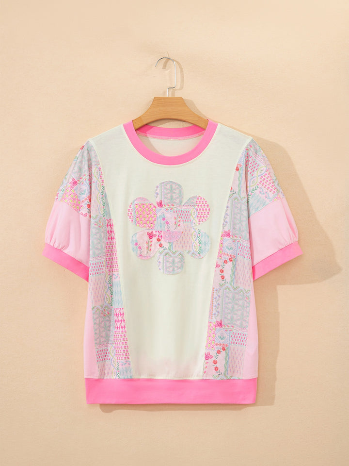 Floral patchwork crew-neck top with flower appliqué