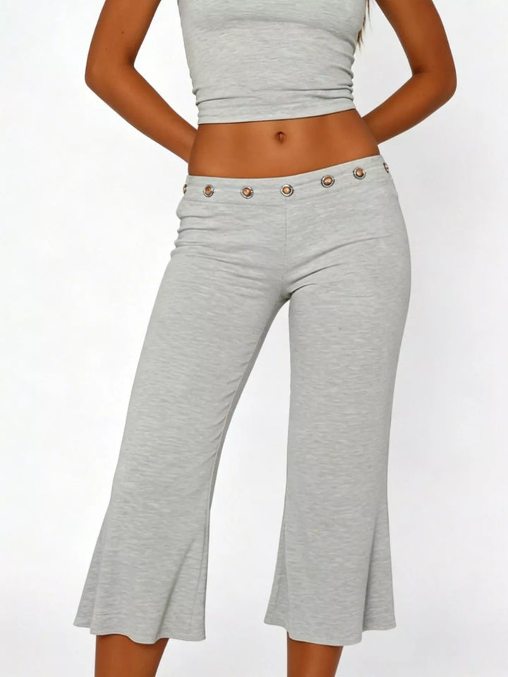 Mid-rise wide-leg capri pants with gold-button waistband