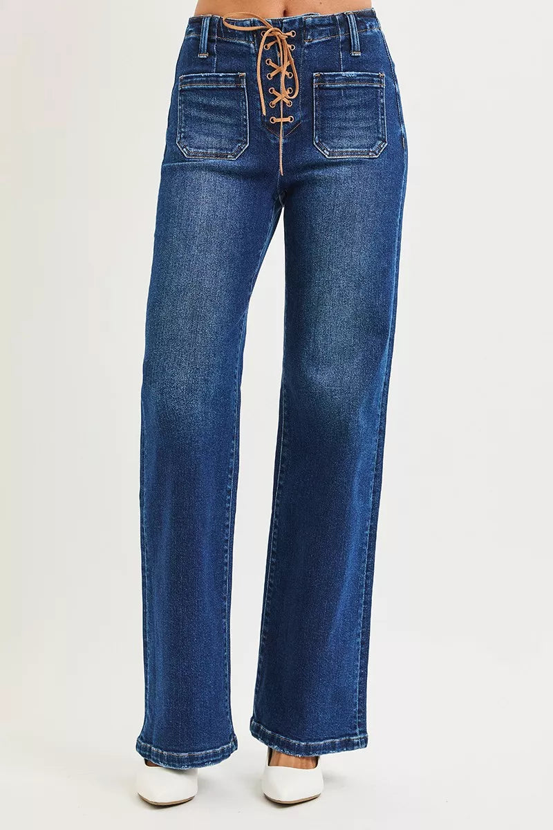 Lace-up front high rise wide leg jeans with patch pockets
