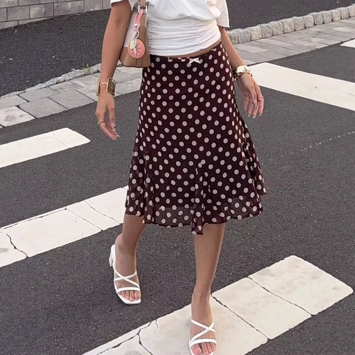 Polka dot chiffon midi skirt with bow waist
