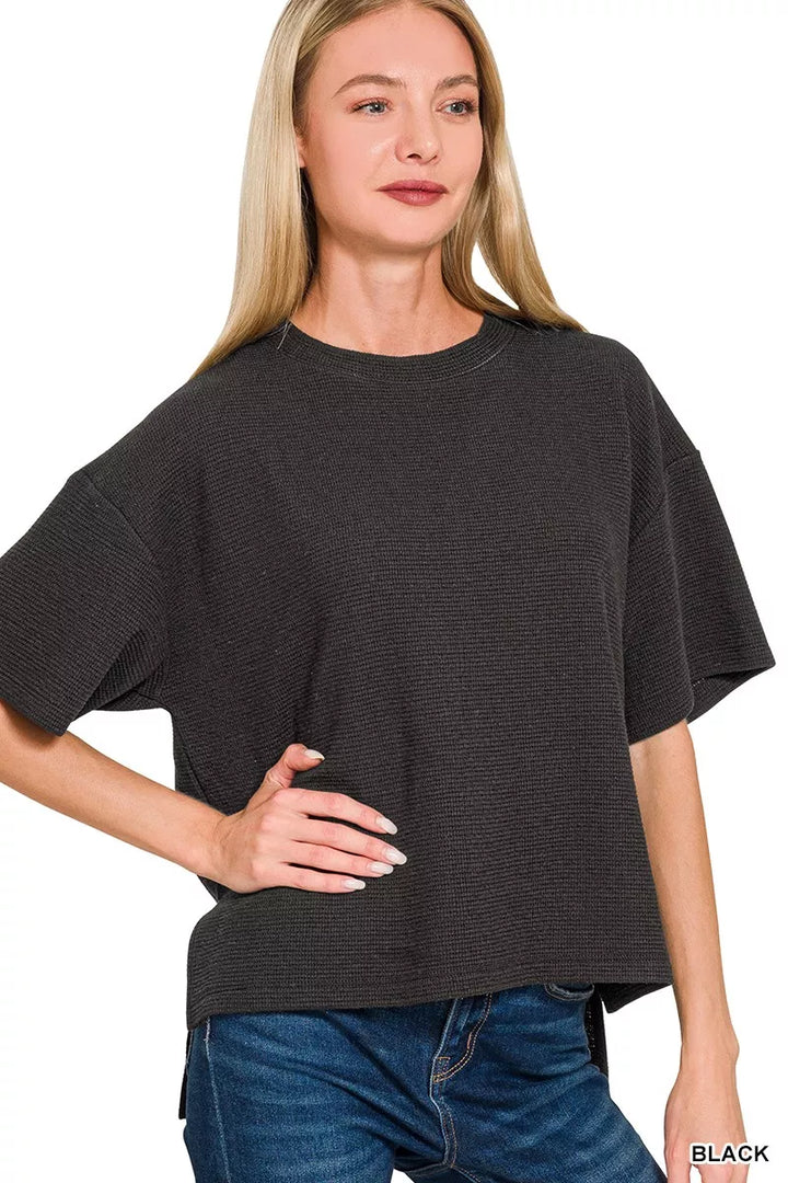 BLACK Boxy double knit crew neck top with side slits and hi-low hem