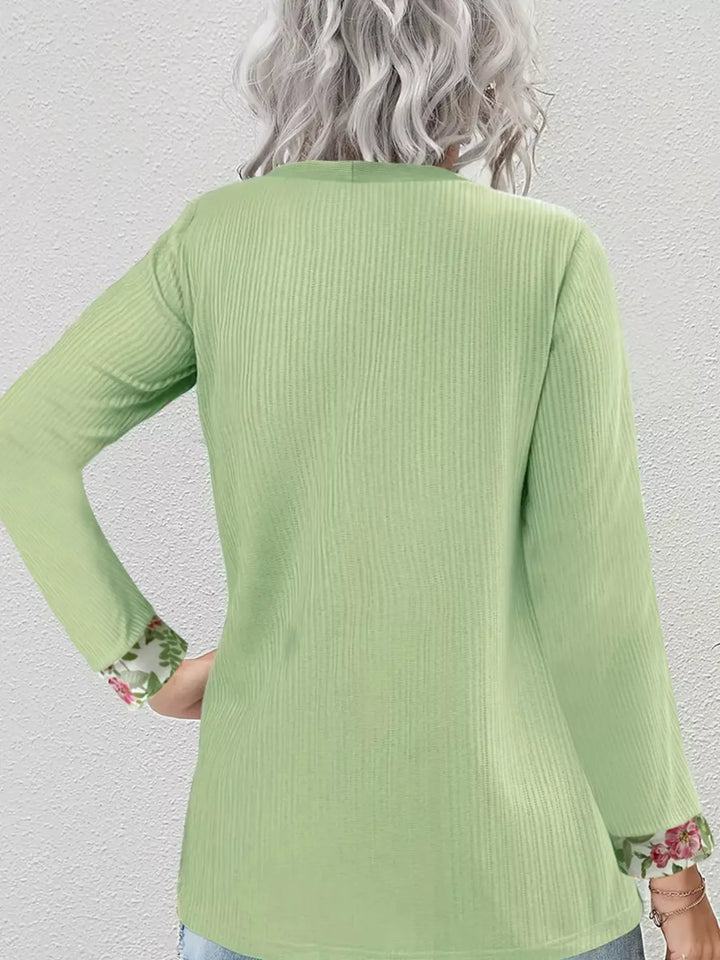 Floral two-in-one layered top with ribbed knit cardigan