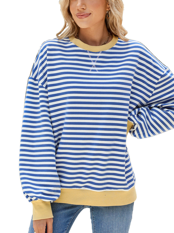 Light Blue Striped crew neck sweatshirt with contrast ribbed trim