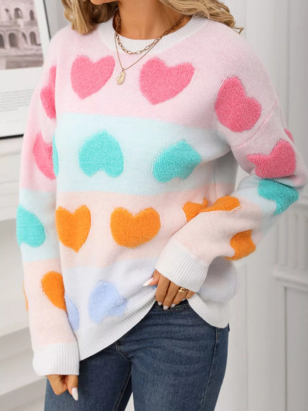 Fuzzy heart color-block crew neck knit sweater