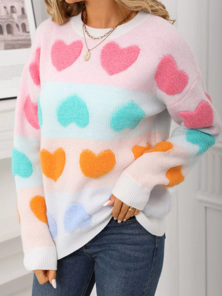 Fuzzy heart color-block crew neck knit sweater