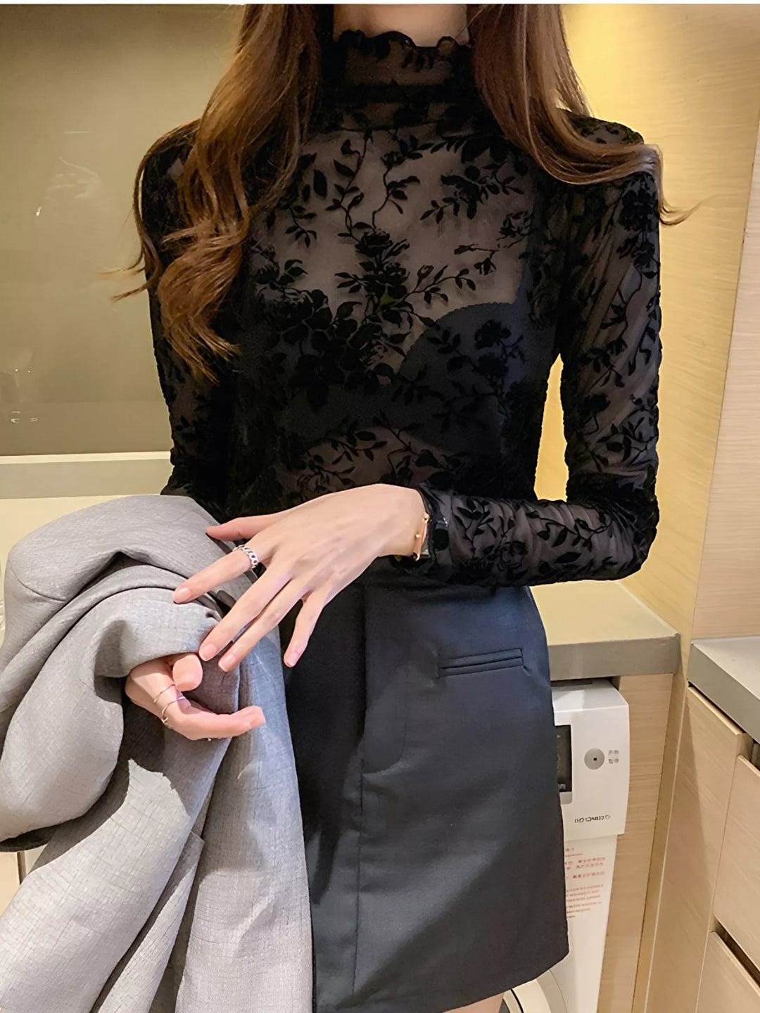Black Sheer floral mesh mock neck long sleeve top