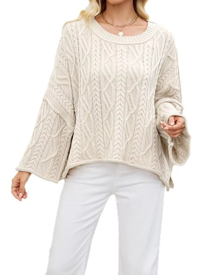 Cable knit drop shoulder oversized sweater with bell sleeves