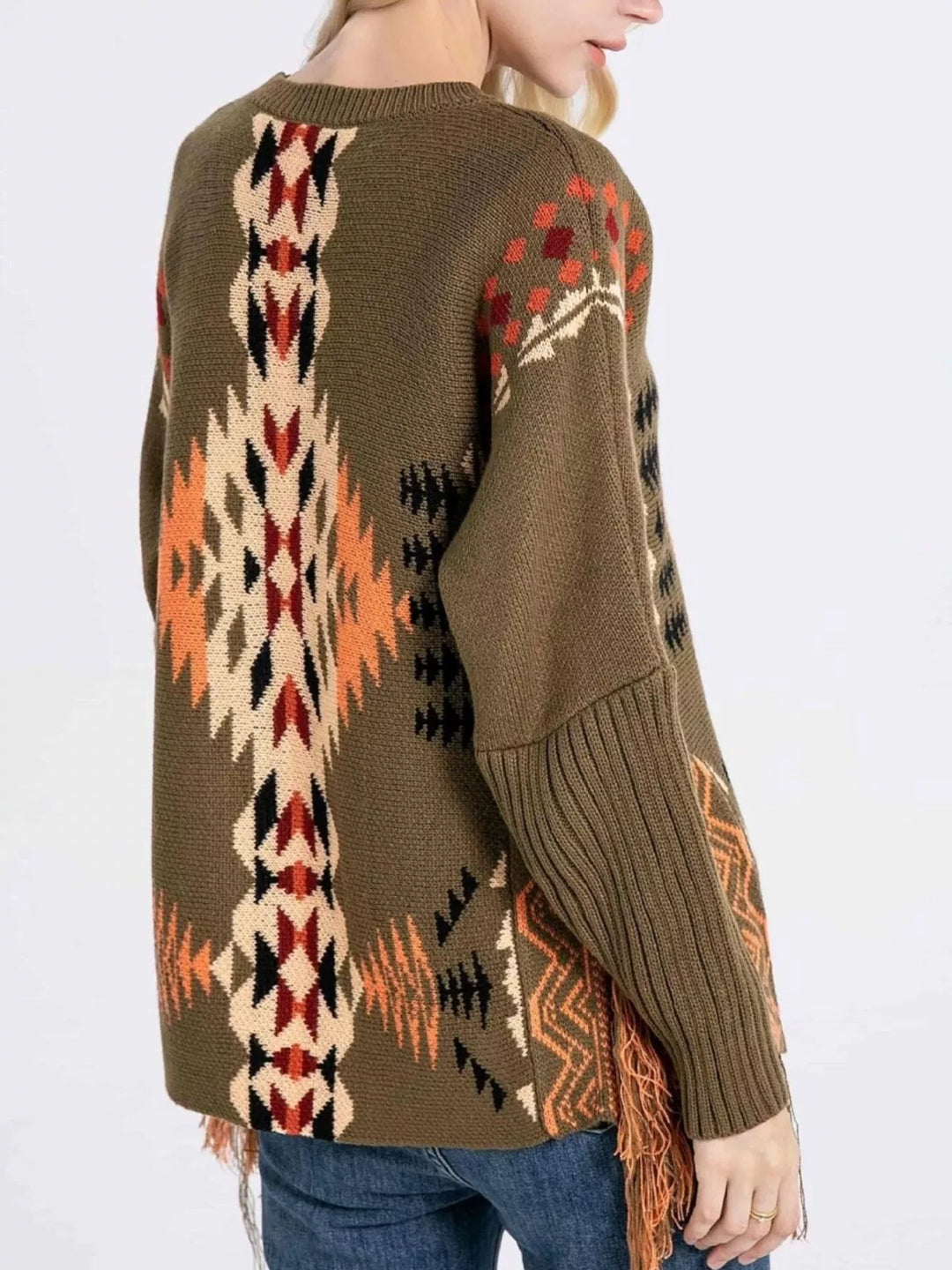 Aztec geometric fringe knit pullover sweater