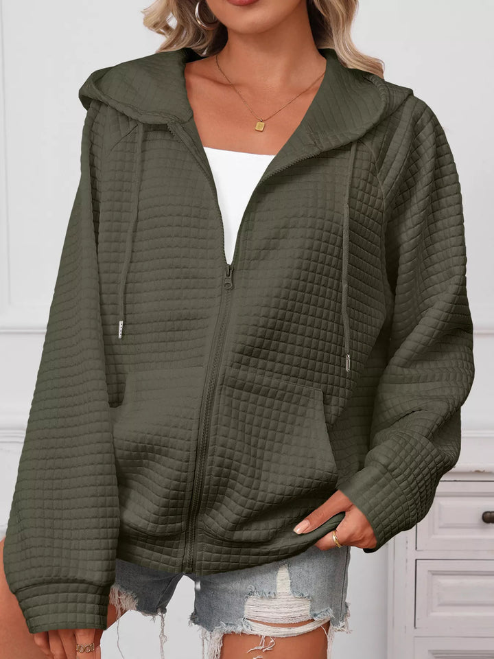 Textured quilted zip-up hooded jacket with pockets