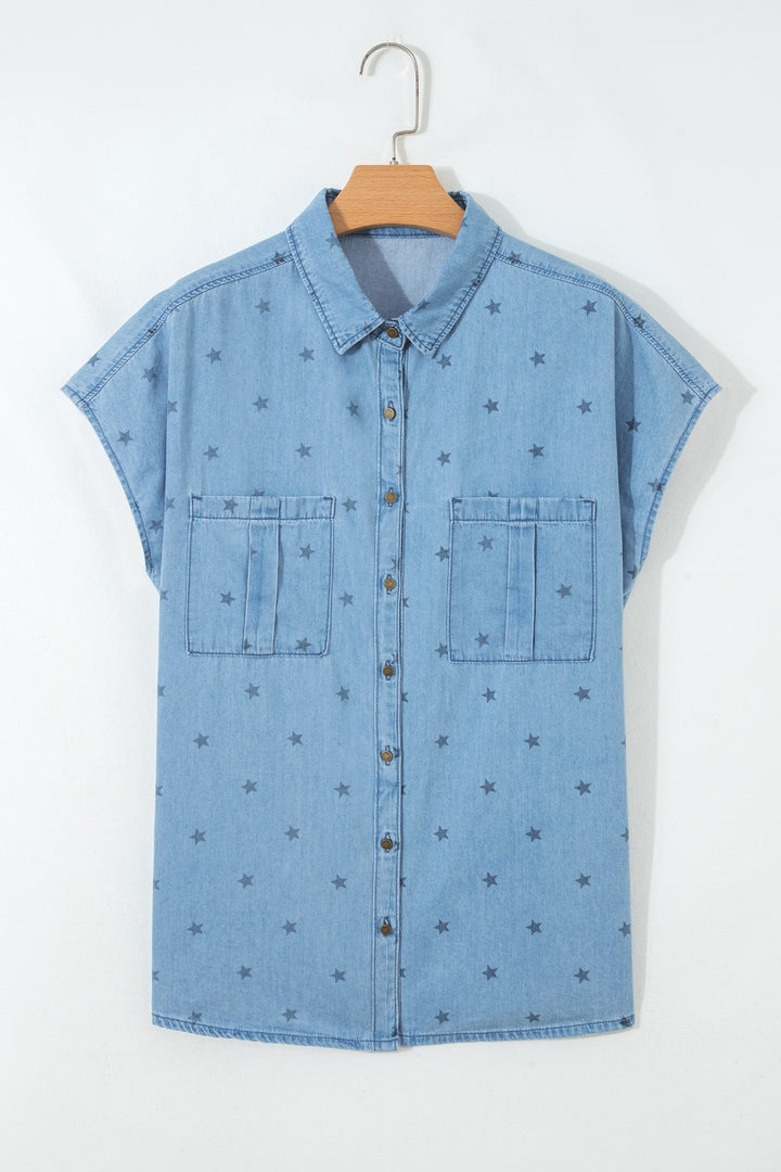 Star print short sleeve denim shirt with chest pockets