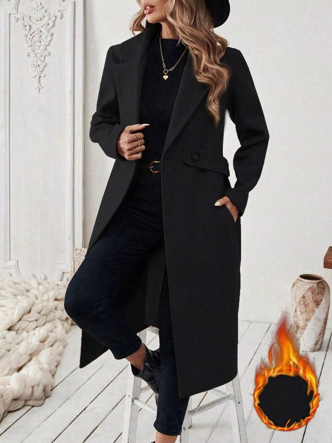 Black Longline notch lapel coat with single-button waist tab