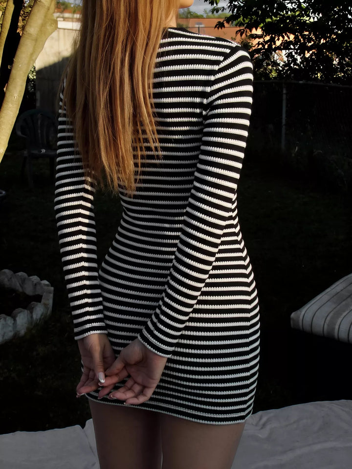 Striped textured knit long sleeve bodycon mini dress