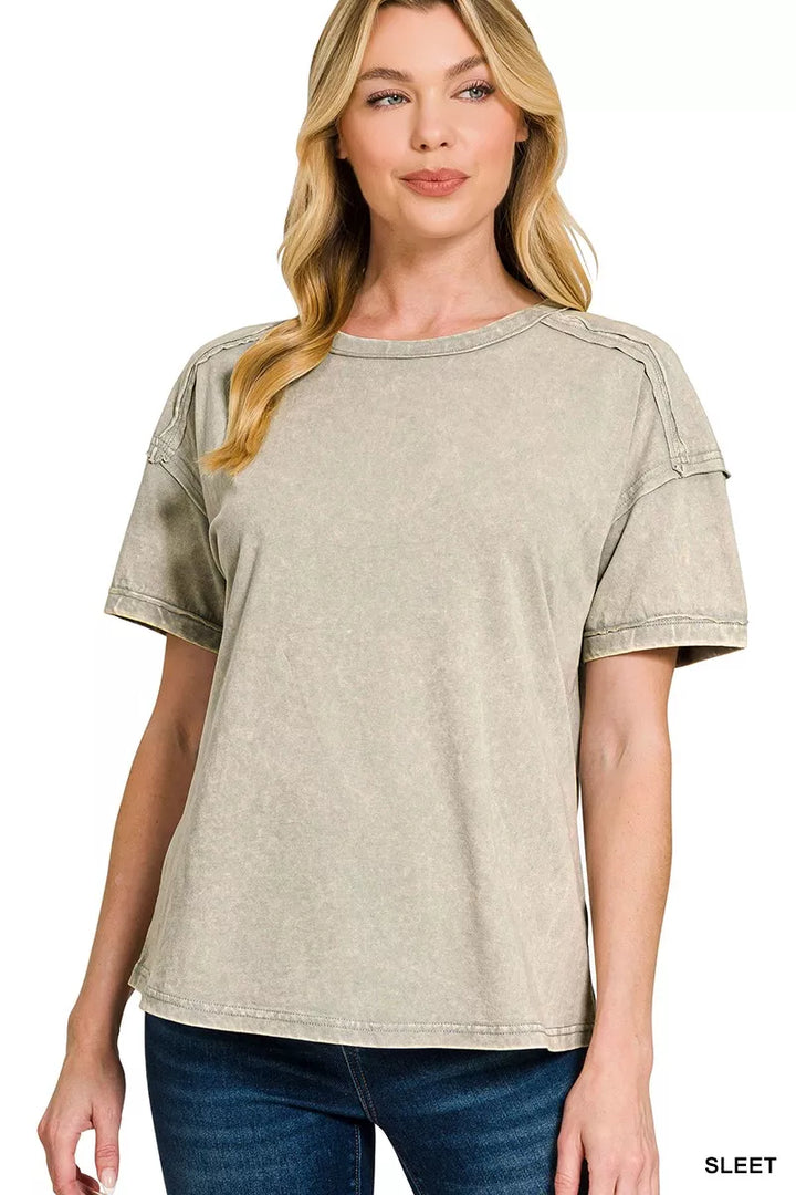 SLEET Acid wash round neck cotton tee with exposed seams