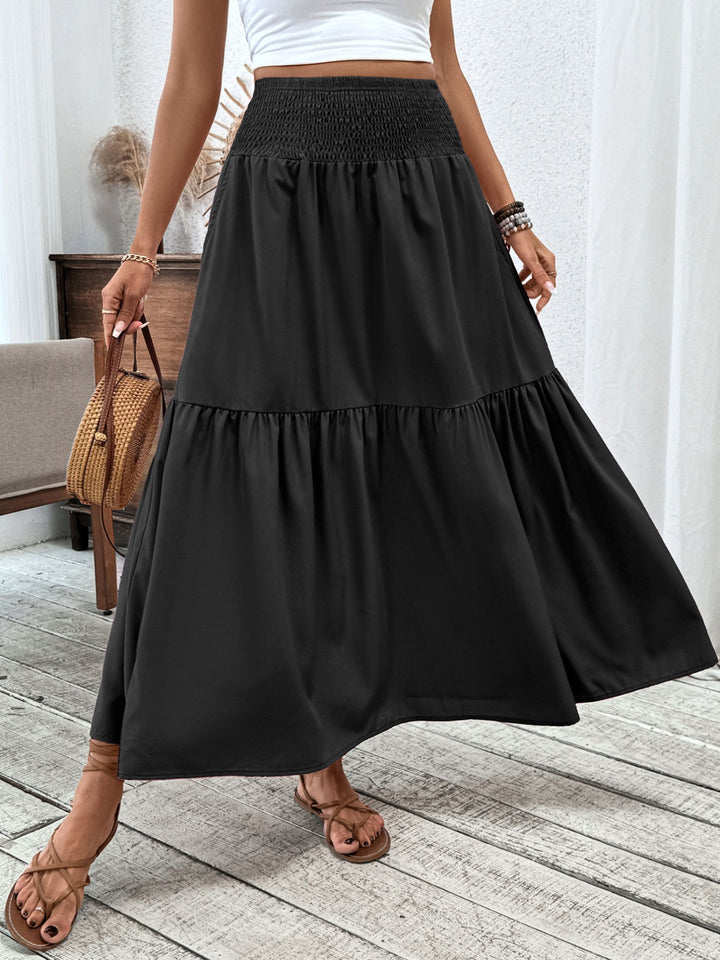 Smocked high-waist tiered ruffle maxi skirt