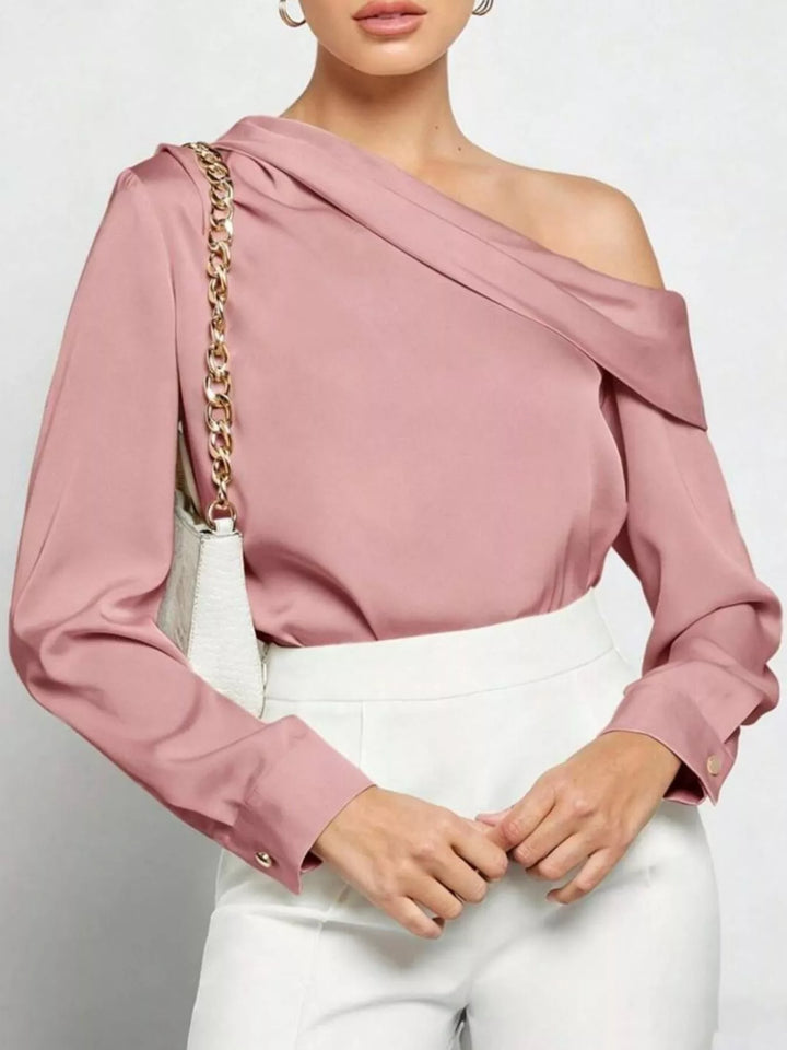 Dusty Pink Draped one-shoulder satin blouse with long sleeves and button cuffs