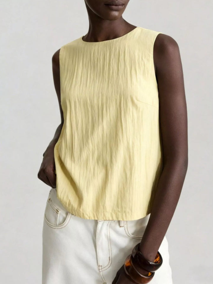 Yellow Crinkle-texture crew neck tank with chest pocket