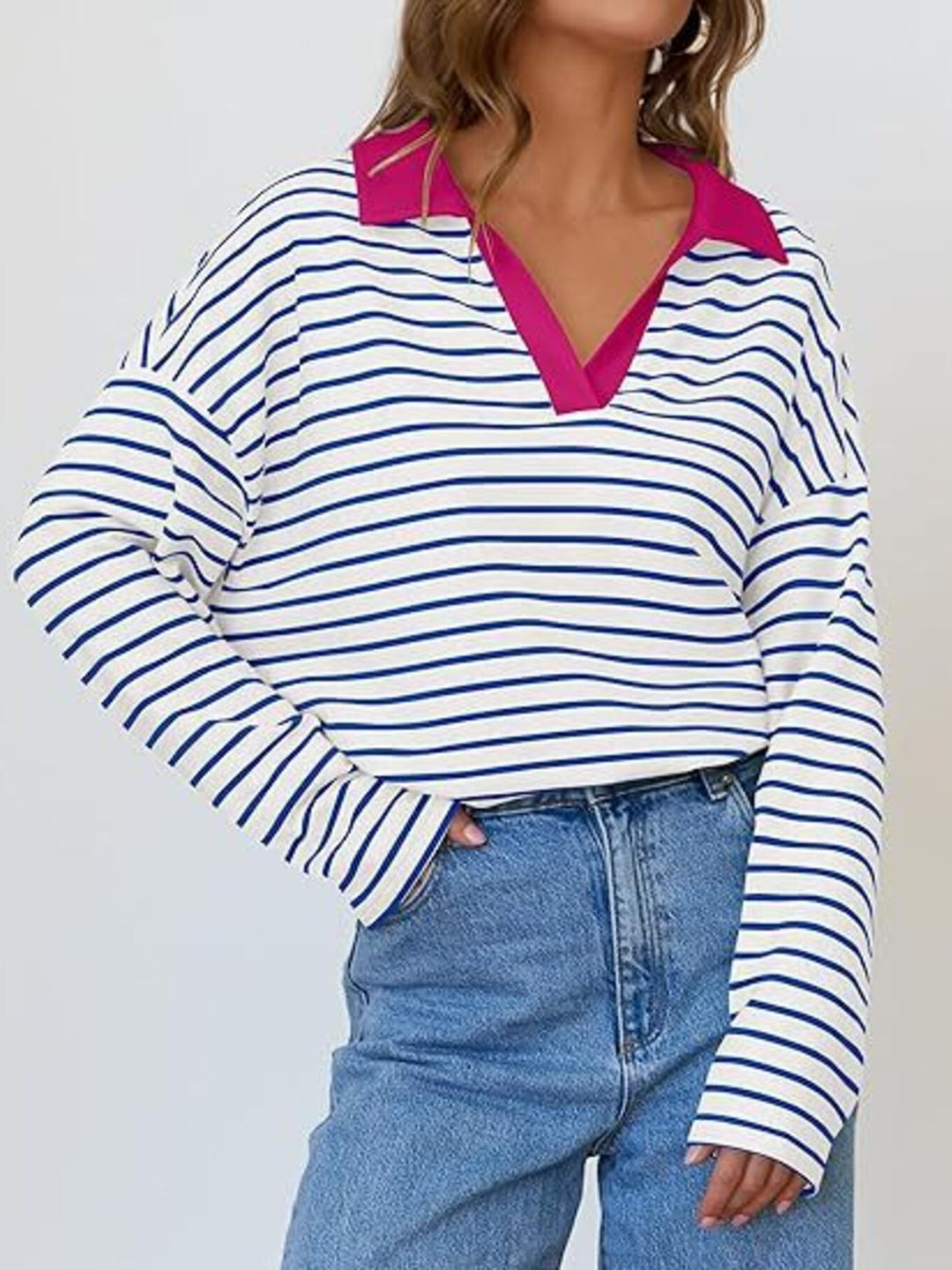 Striped oversized long sleeve top with contrast collar