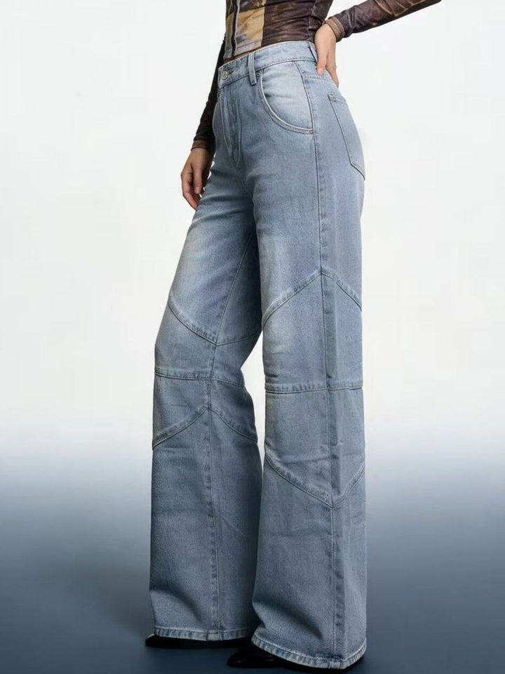 Light Blue Vintage wash high-rise wide leg jeans with paneled seams