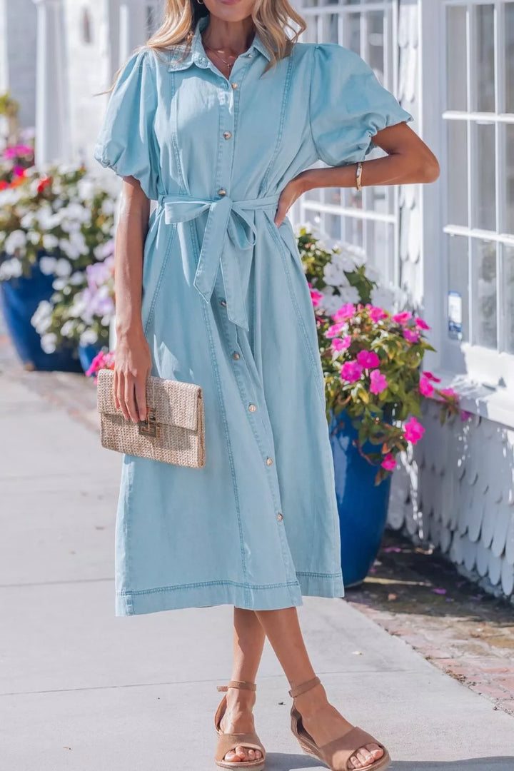 Belted chambray midi shirt dress with puff sleeves