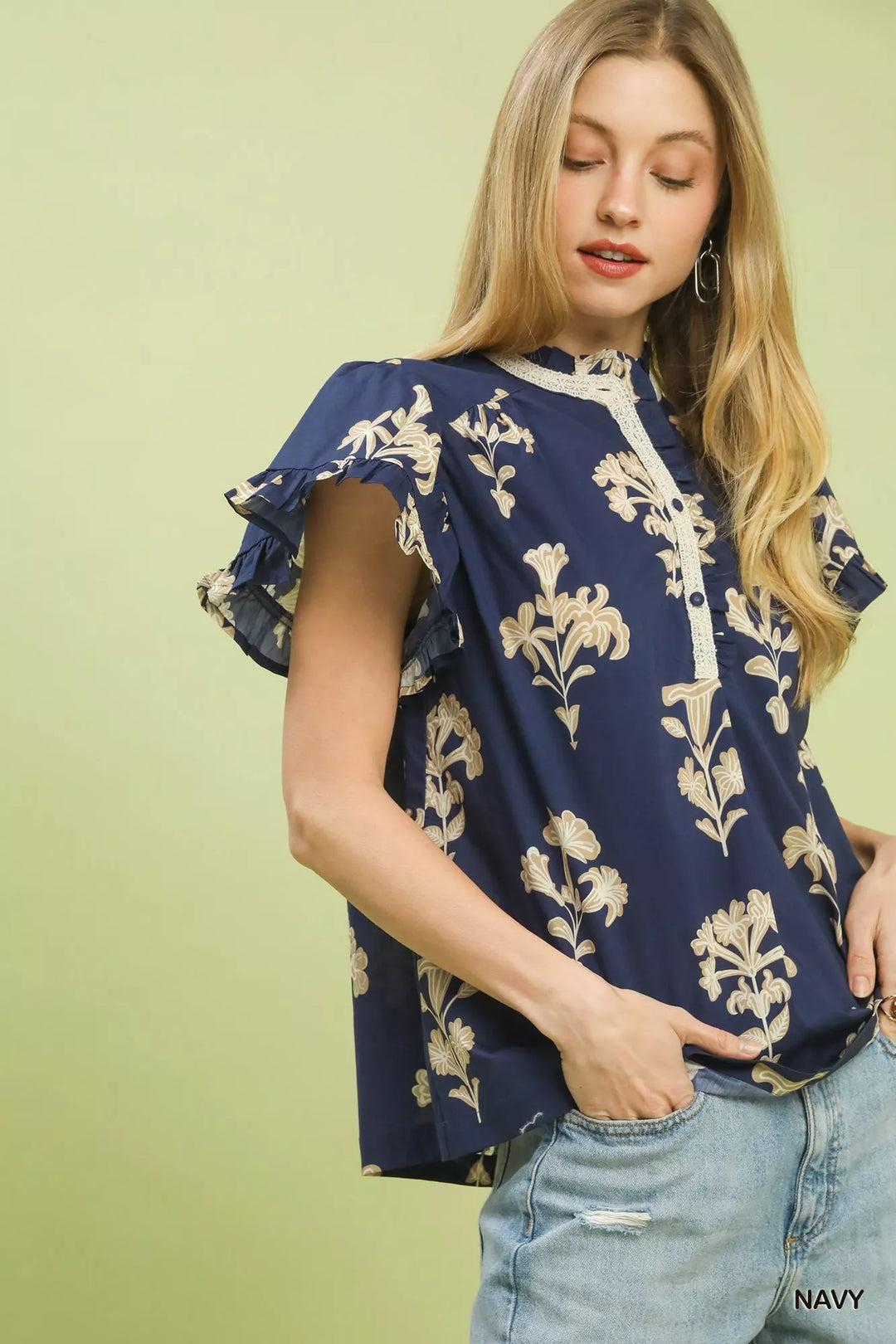 Floral ruffle sleeve top with lace-trim split neck