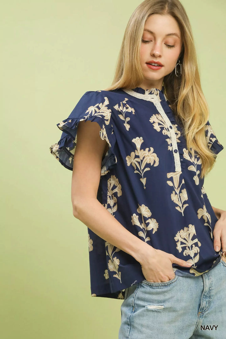 Floral ruffle sleeve top with lace-trim split neck