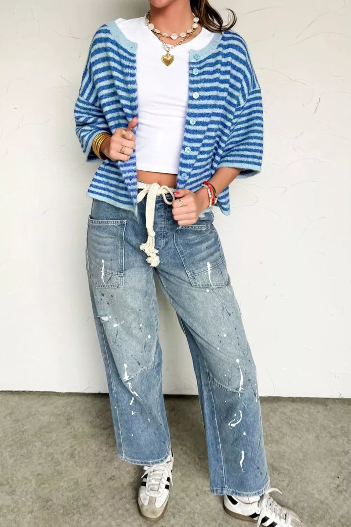 Striped half-sleeve knit button-down cardigan