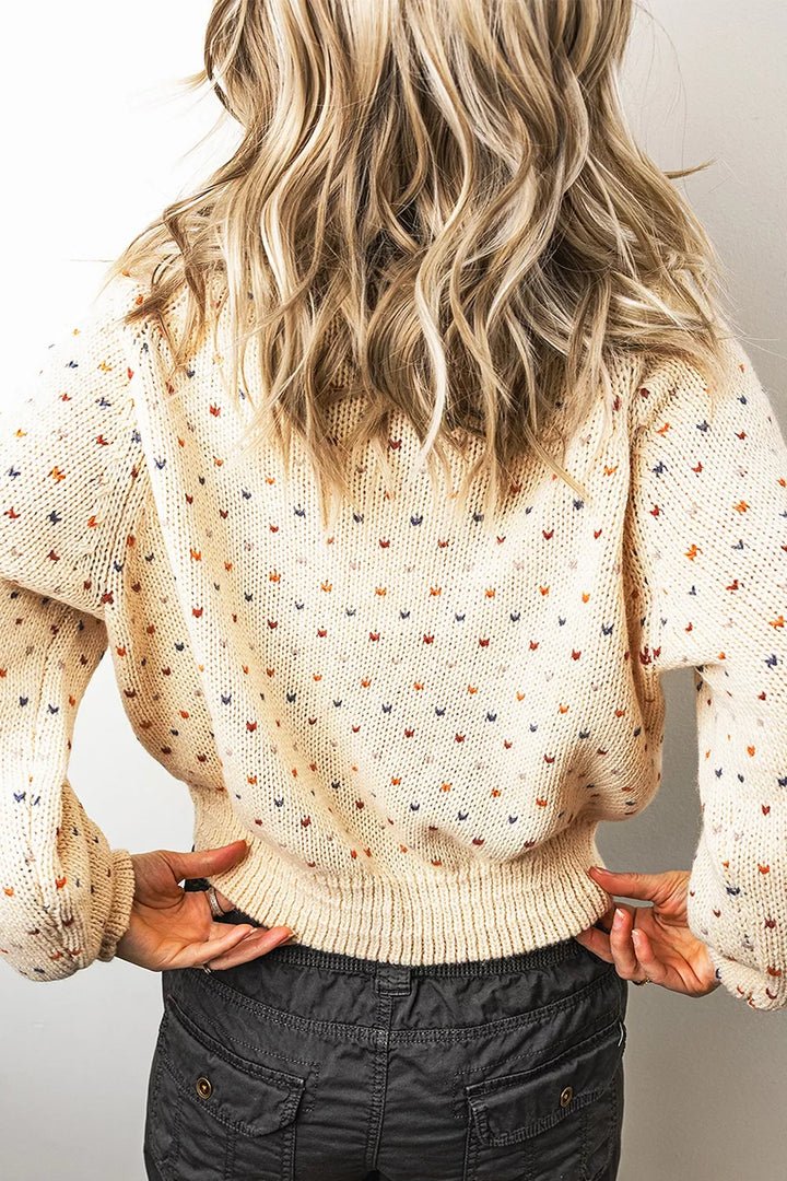 Speckled dot knit button-front cardigan with balloon sleeves