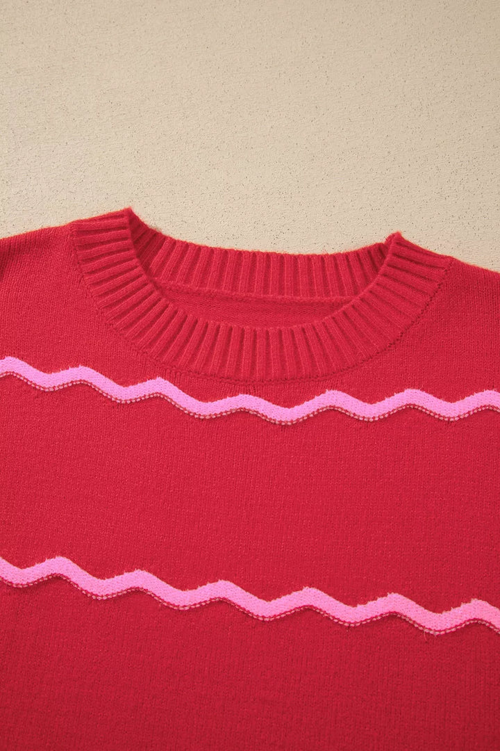 Wavy contrast stripe crew neck knit pullover sweater