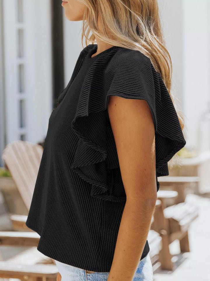Ribbed knit top with ruffled cap sleeves