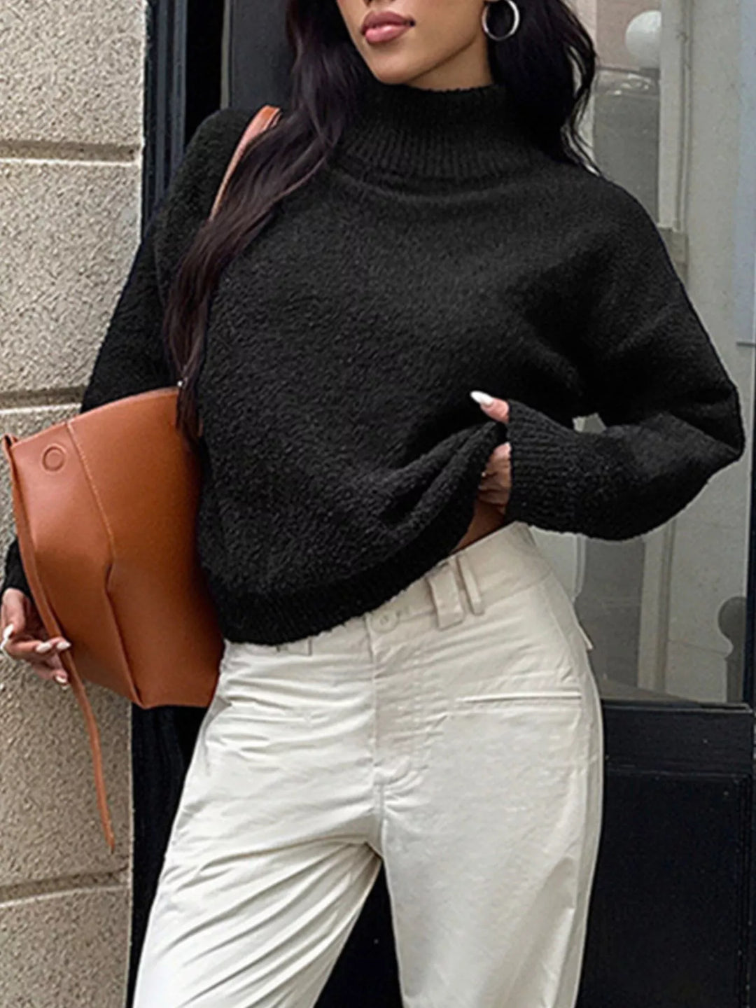 Textured knit turtleneck sweater with drop shoulders