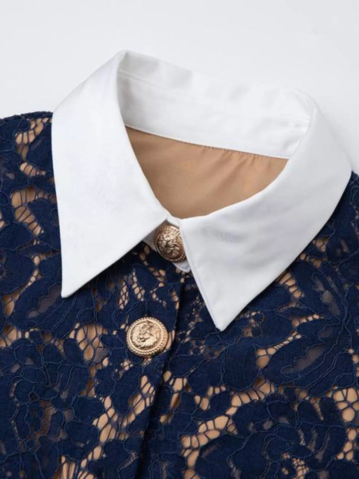 Belted floral lace midi shirt dress with contrast collar