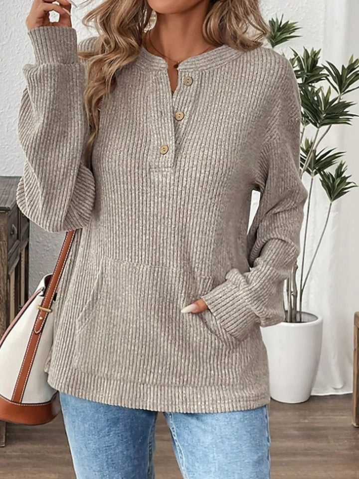 Khaki Ribbed knit long sleeve henley top with button placket