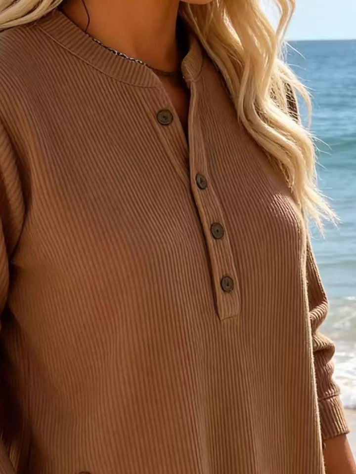 Ribbed half-button henley top with side buttons
