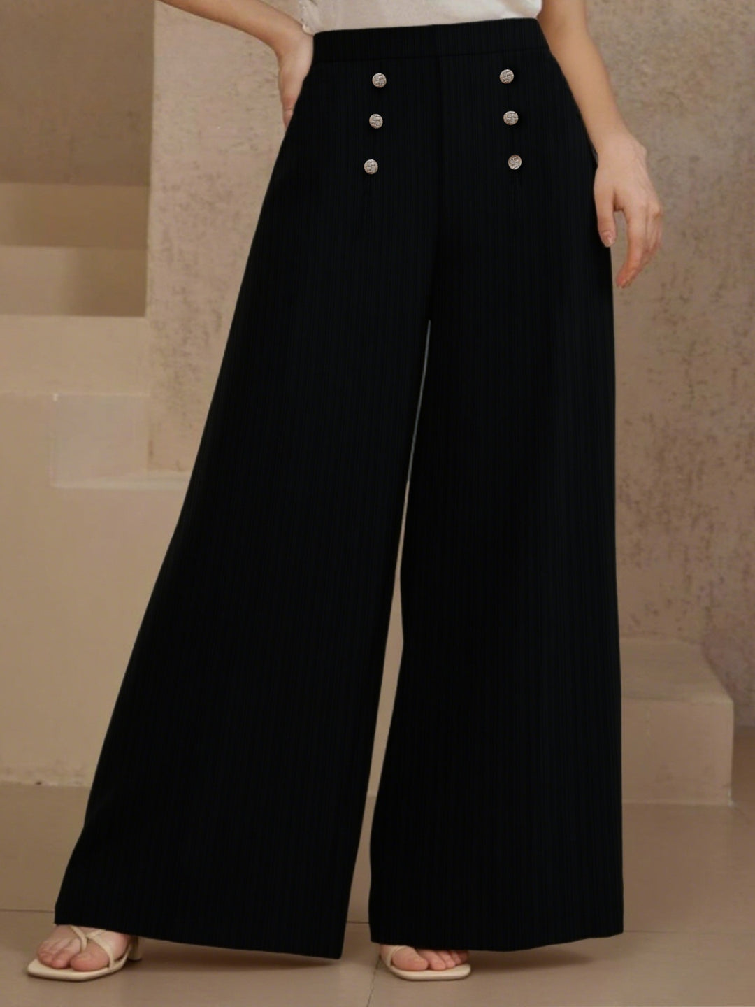 Plus size high-waist wide-leg pants with sailor buttons
