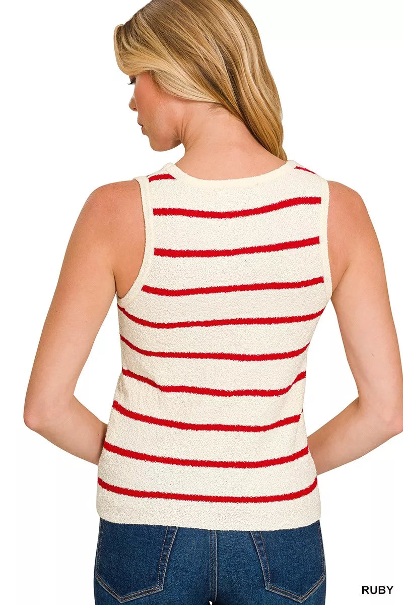 Striped sweater knit tank top with round neck