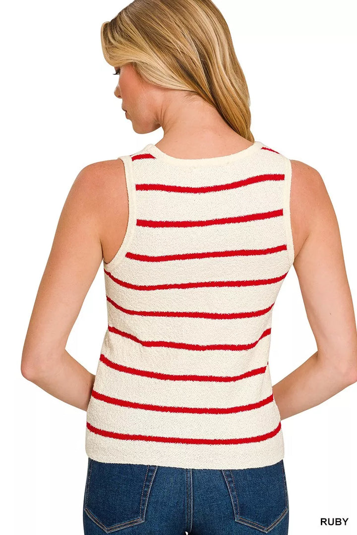 Striped sweater knit tank top with round neck