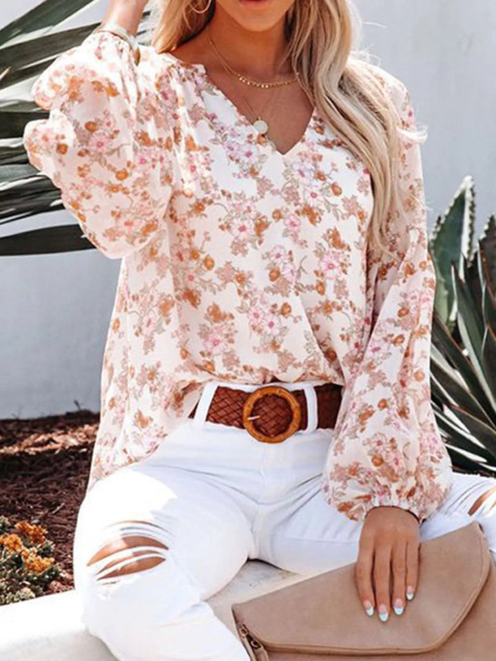 Floral print V-neck button-front blouse with long sleeves
