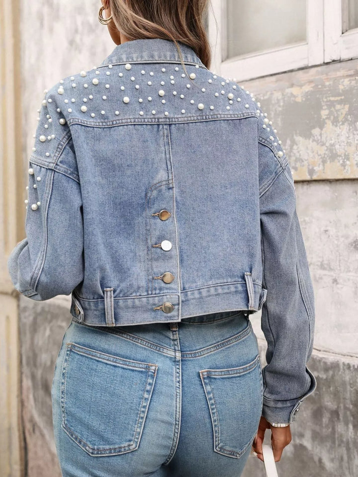 Pearl-embellished cropped denim jacket with patch pockets