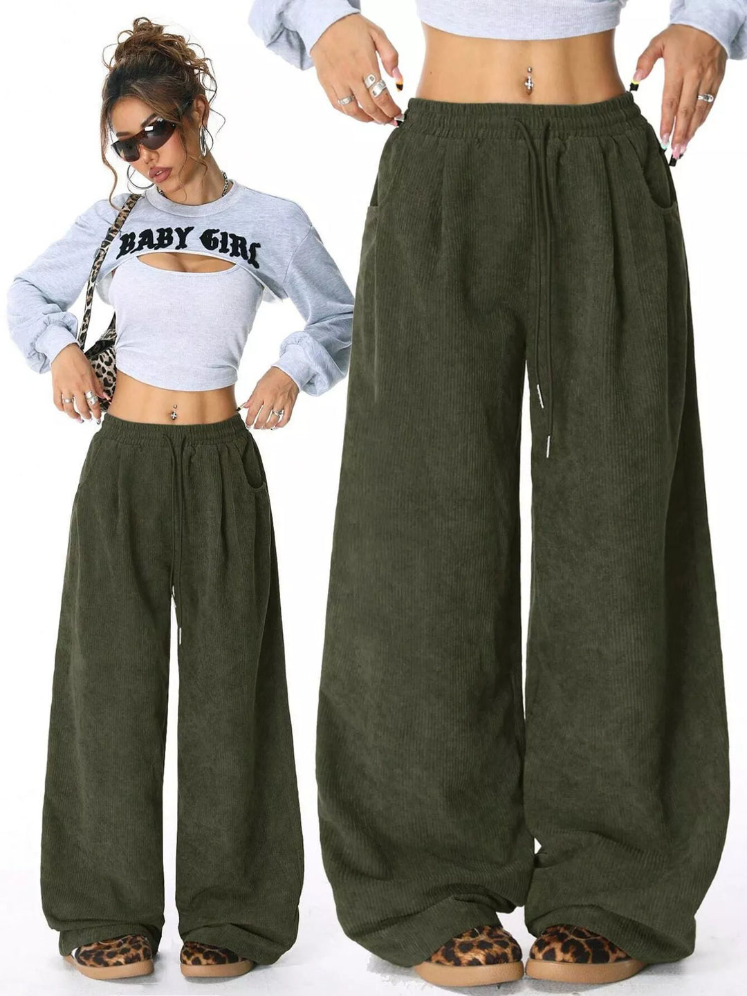 Corduroy wide-leg pants with drawstring waist