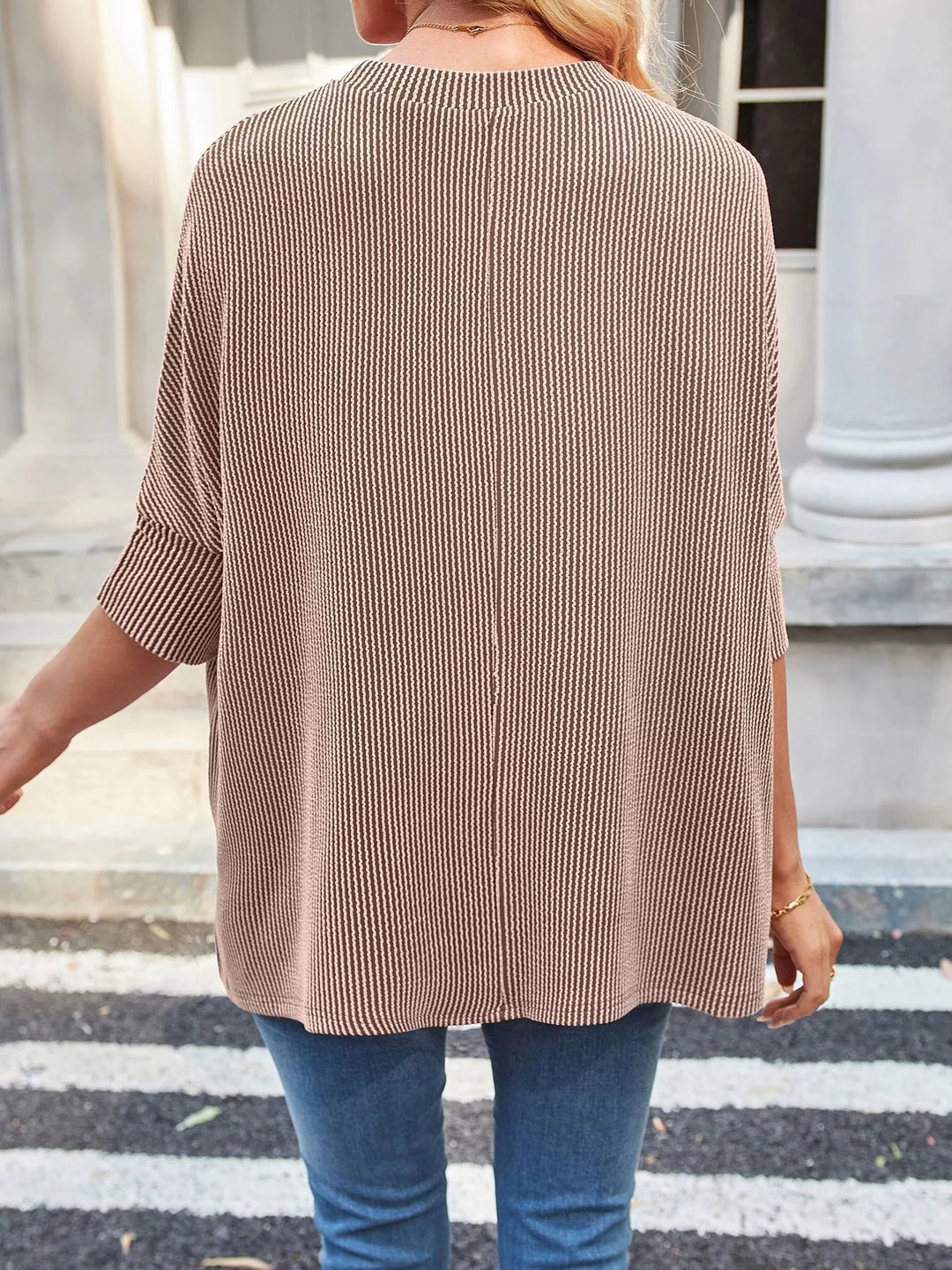Ribbed knit dolman-sleeve relaxed crew neck top