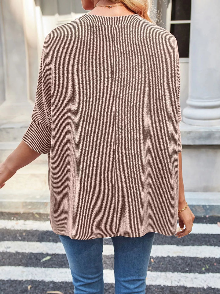 Ribbed knit dolman-sleeve relaxed crew neck top