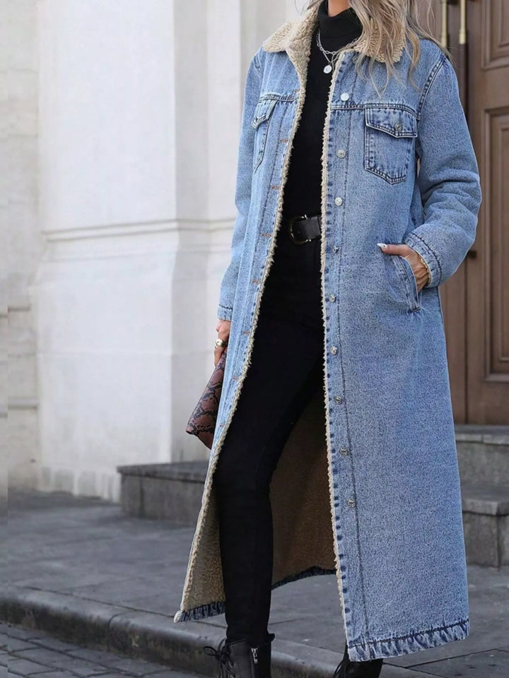 Light Sherpa-lined longline button-front denim jacket