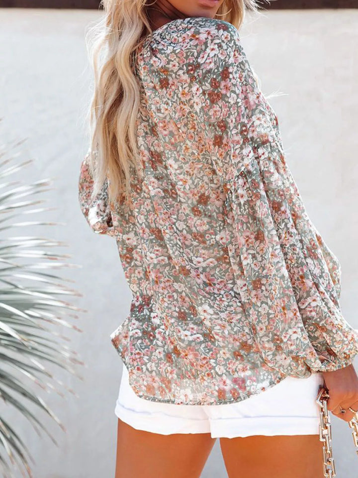 Floral print V-neck button-front blouse with long sleeves
